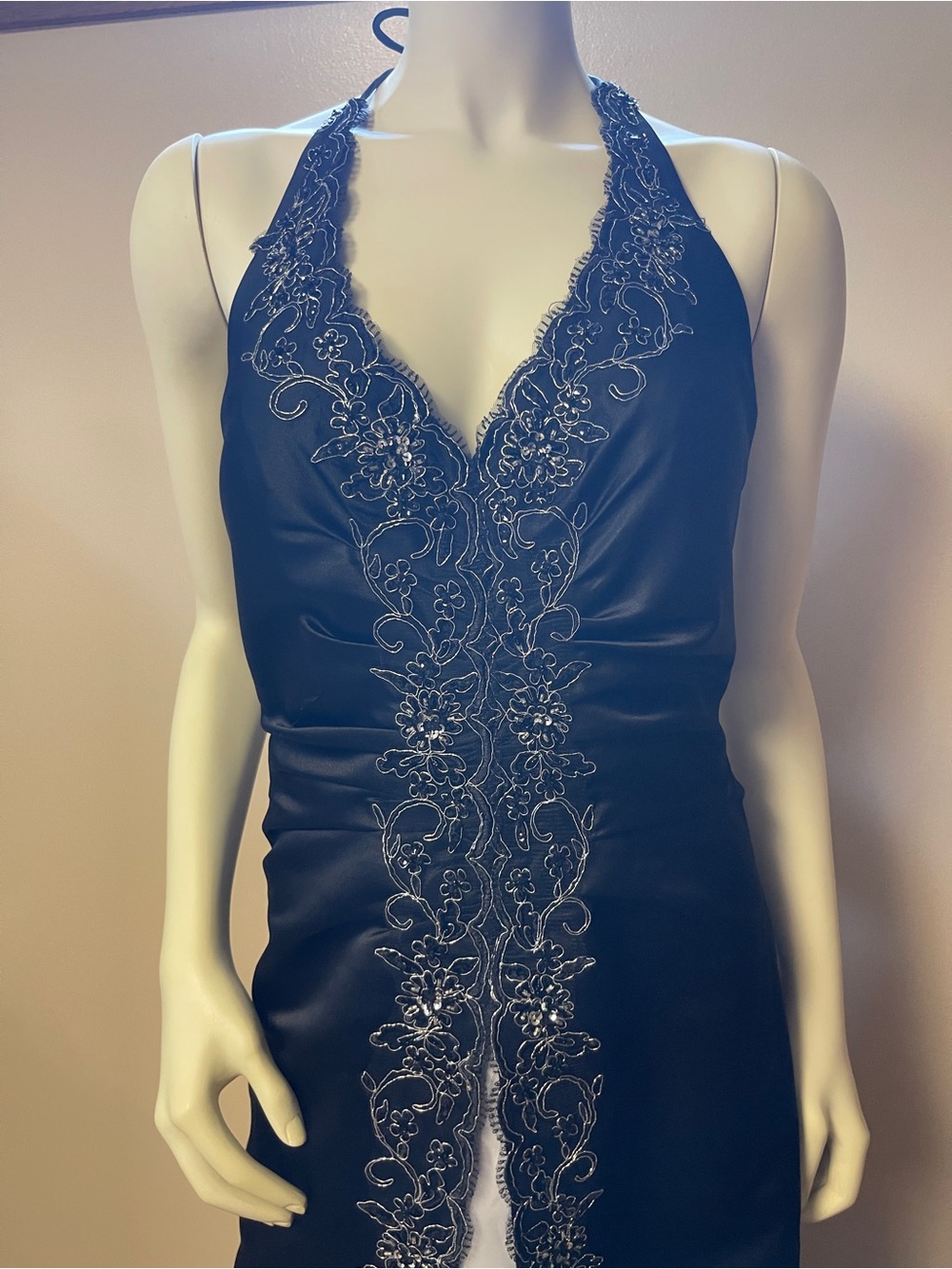 Vtg Jump Apparel Formal Sz 7/8 Halter Maxi Black & White Silver Embroidery Beads